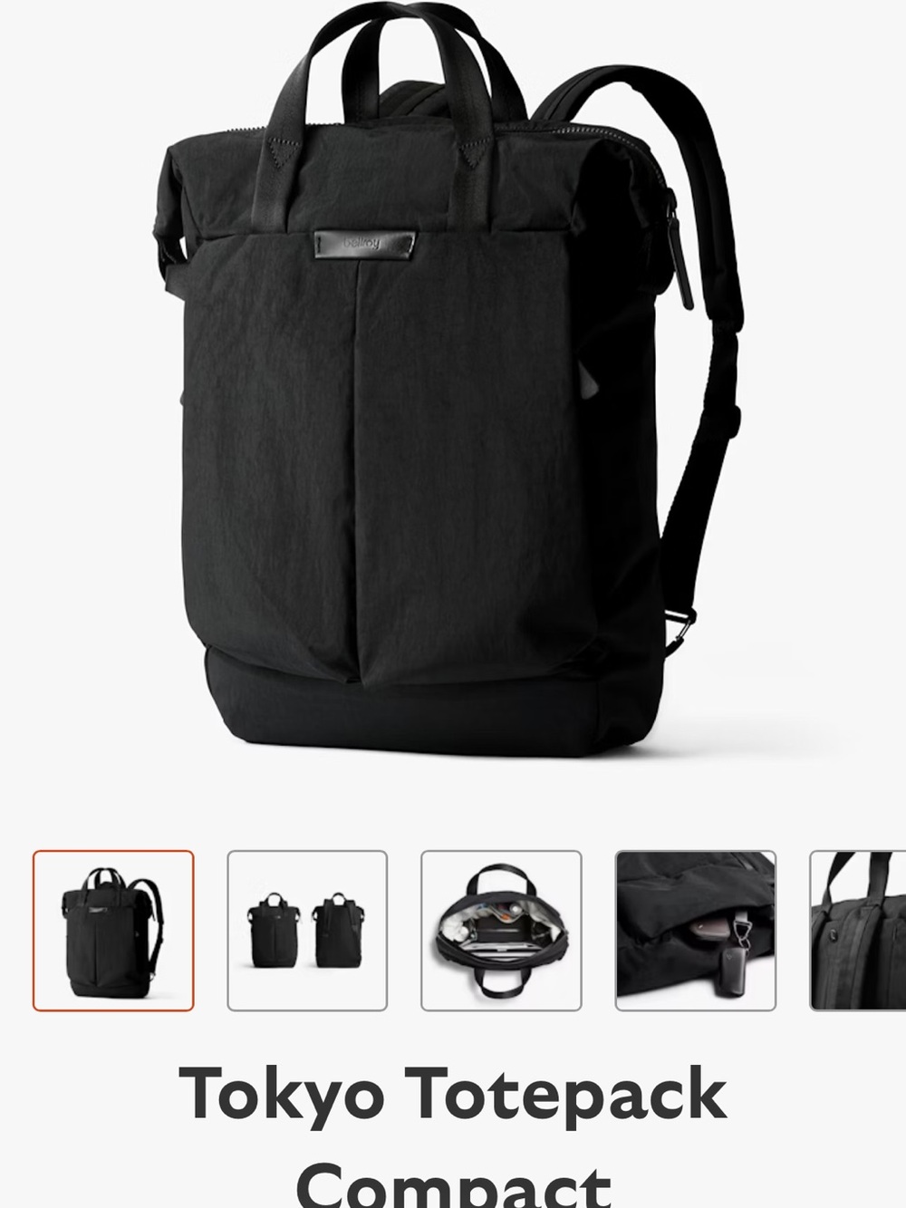 Bellroy Black Tokyo Totepack Compact Backpack 14L